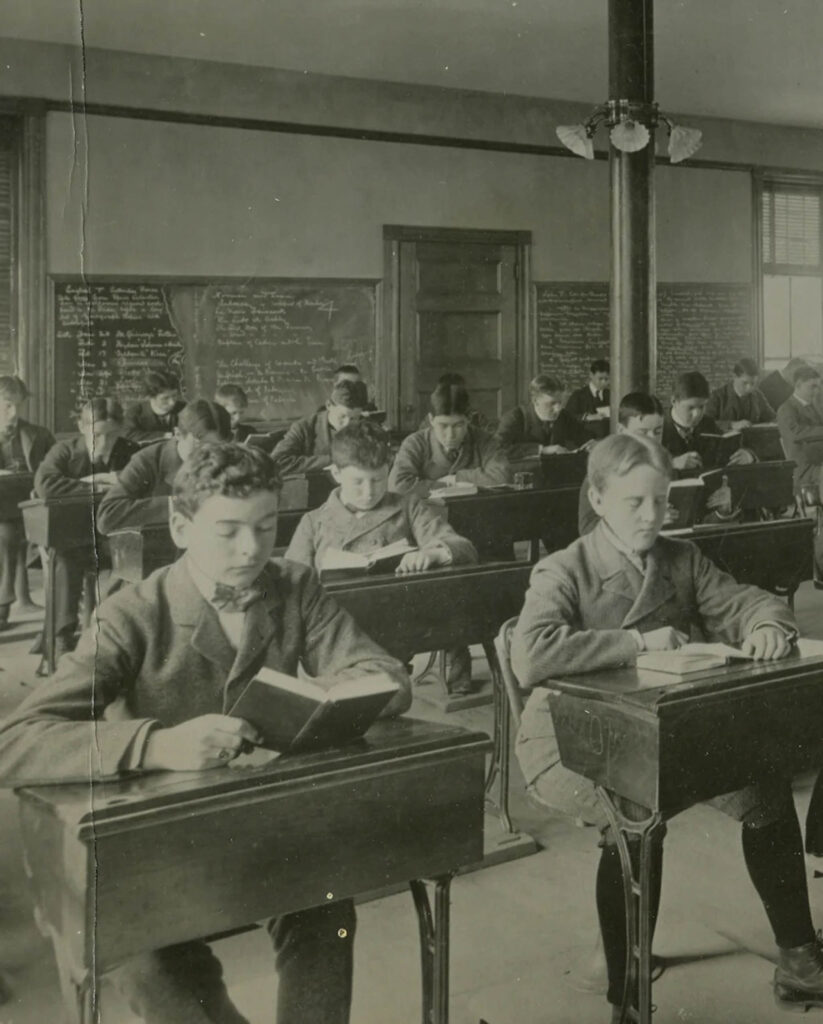 Vintage photo of kids in class.