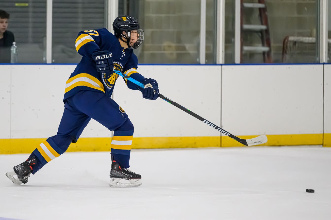 hockey player taking a shot.