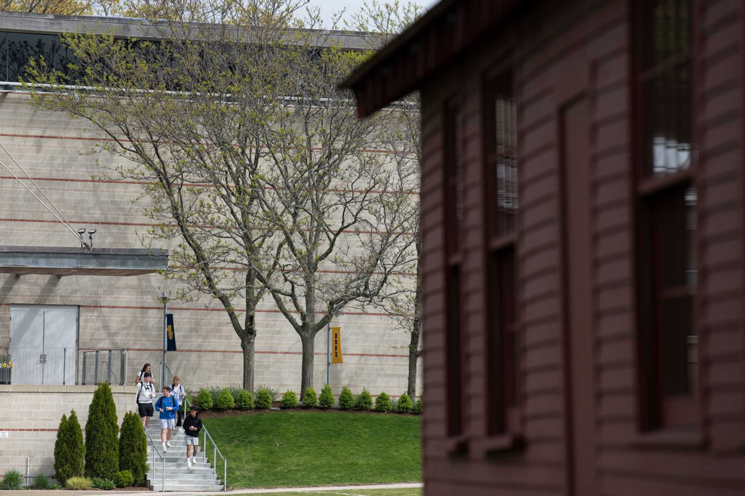 Students heading down stairs from outside campus.