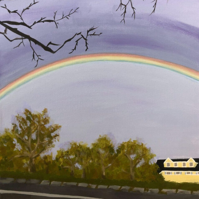 painting of rainbow over house.