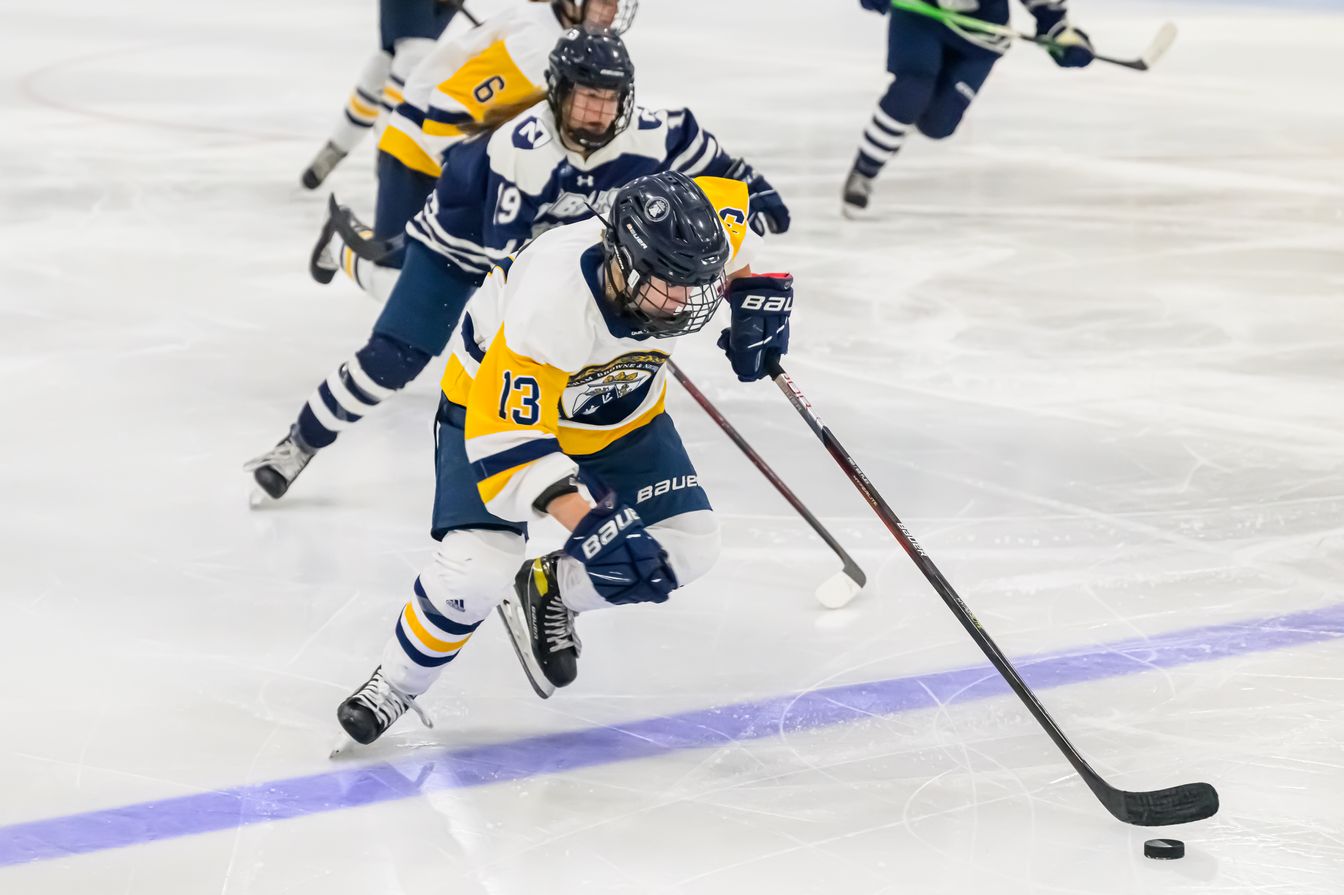 girls skating in hockey game.