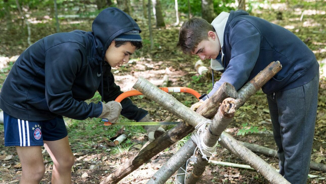 Two boys in hoodies saw through logs at an outdoor setting, working on a structure made of tree branches.