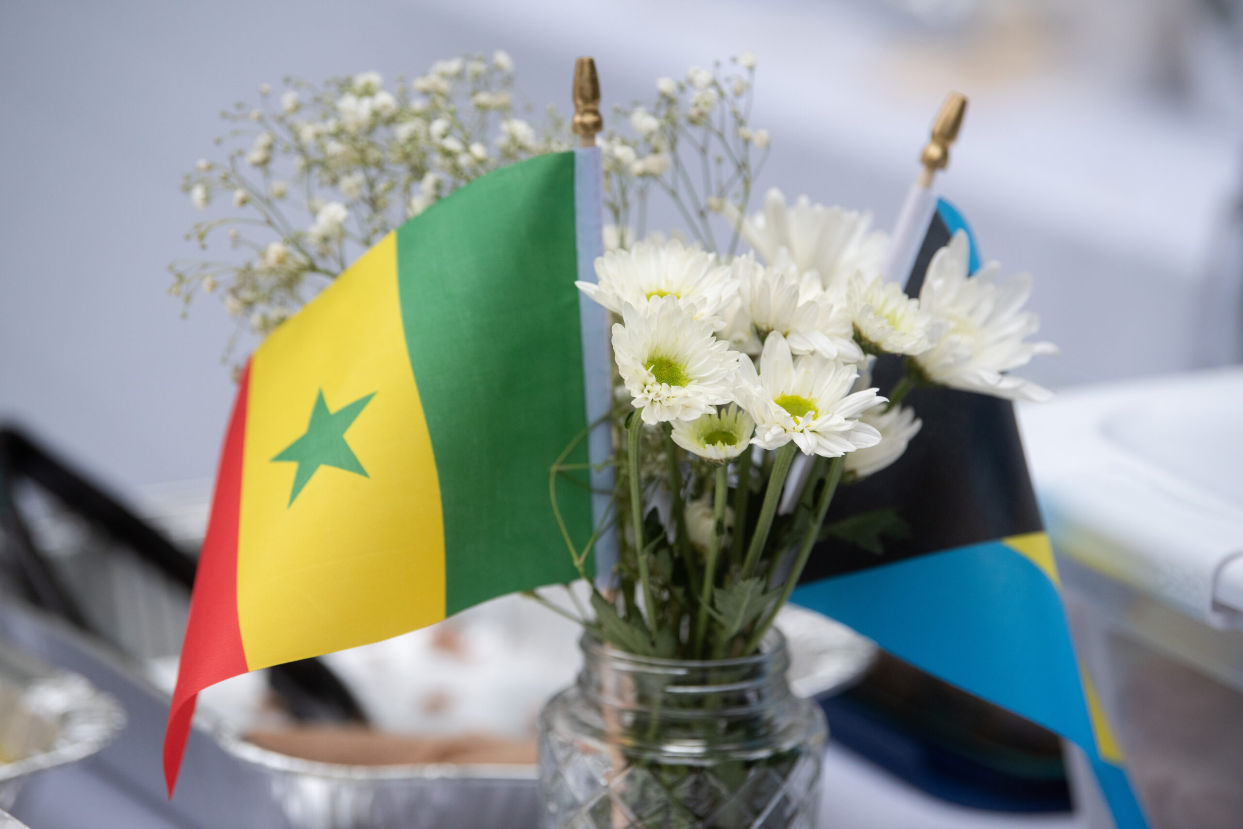 Two small flags, one green, yellow, and red with a green star, and the other black, aquamarine, and yellow, are displayed in a glass jar with white flowers.