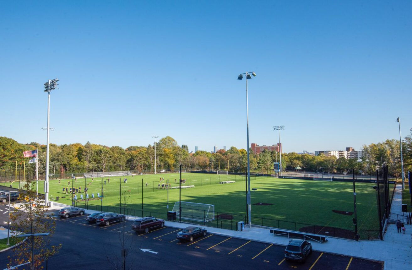 An aerial view of sports fields.