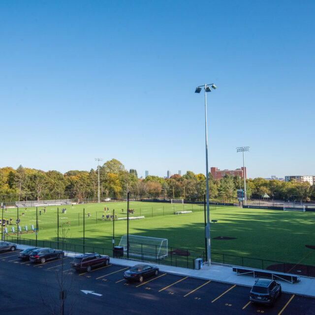 An aerial view of sports fields.