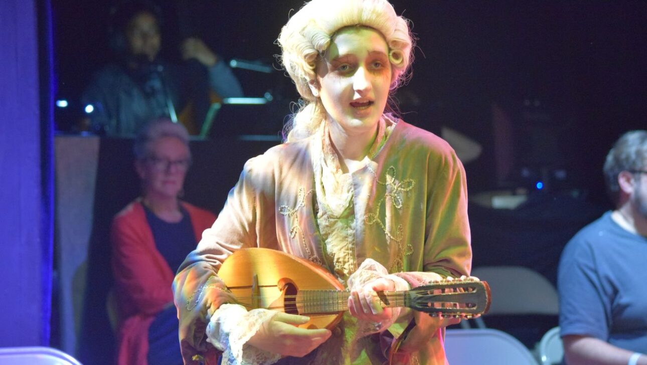 A person dressed in historical attire, holding a mandolin, performs on stage. Seated audience members and musical instruments can be seen in the background.