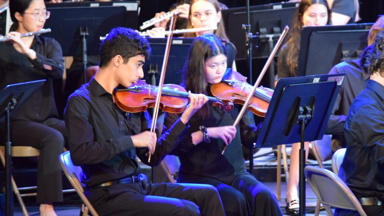 A group of musicians perform on stage. Two violinists, seated in the foreground, play their instruments, while other musicians with various instruments are seen in the background.