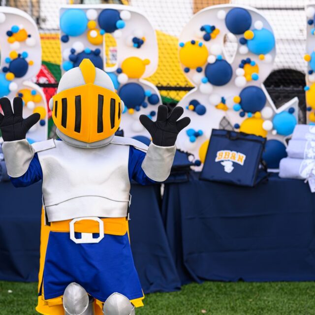 A mascot in a knight costume poses with raised hands on a grassy field. Behind are decorated letters and tables with folded clothing items.