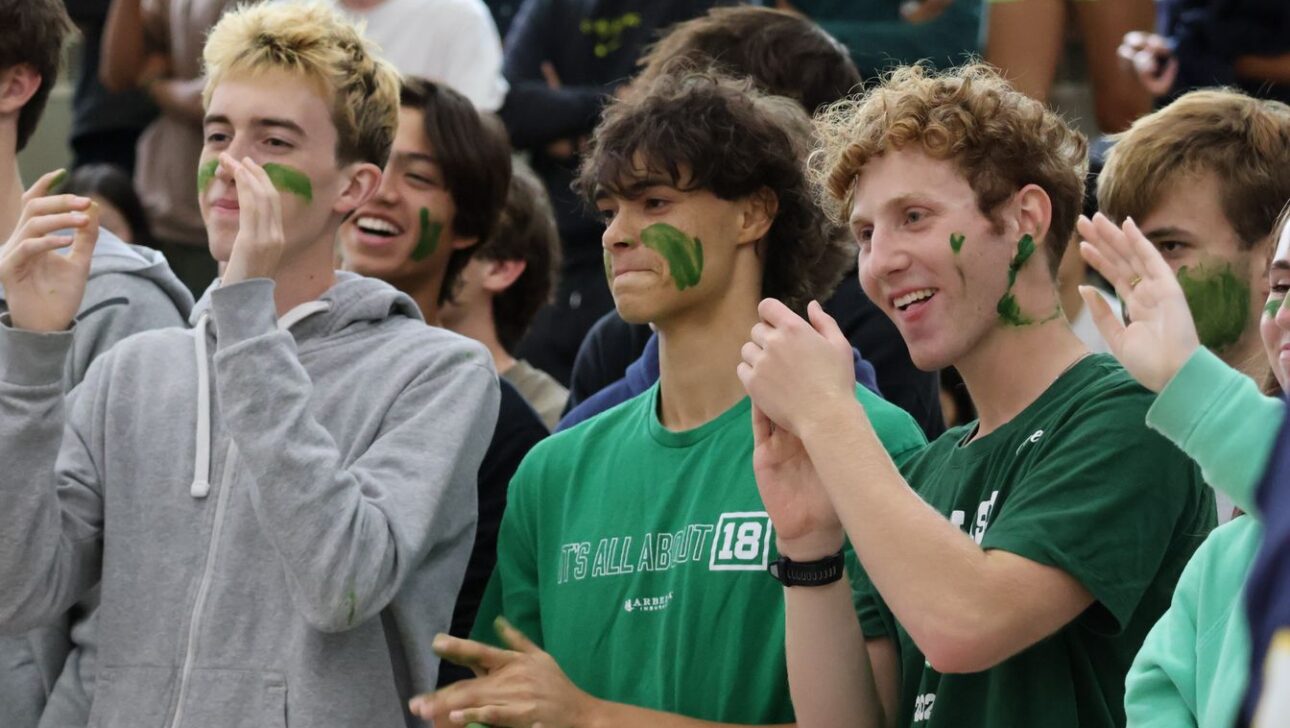 A crowd of people dressed casually with some faces painted with green markings, clapping and smiling in a lively setting.