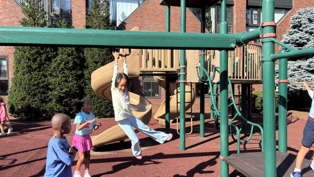 A girl swings from monkey bars on a playground while other children watch. A slide and climbing structure are in the background under a clear blue sky.